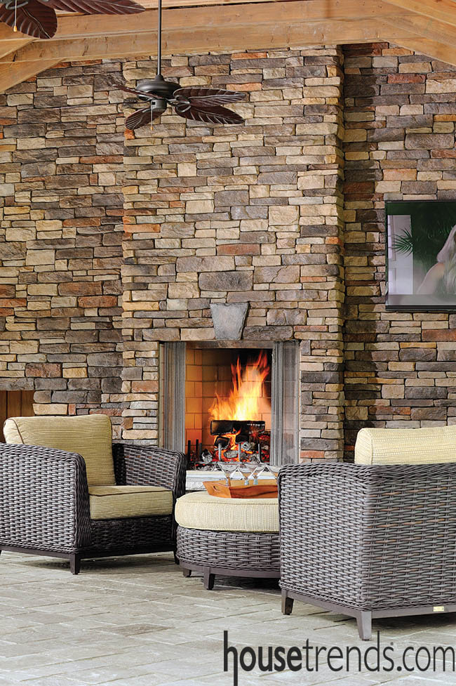 Outdoor fireplace designs vary to complement nearby structures