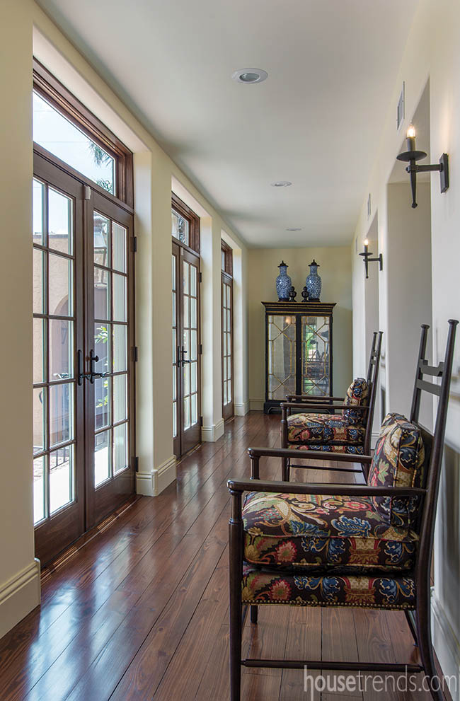 Padded furniture lines a main hall