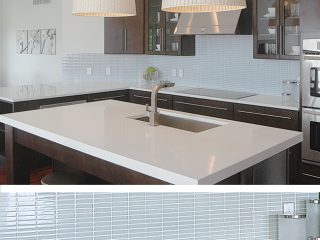 Glass backsplash offers a clean look