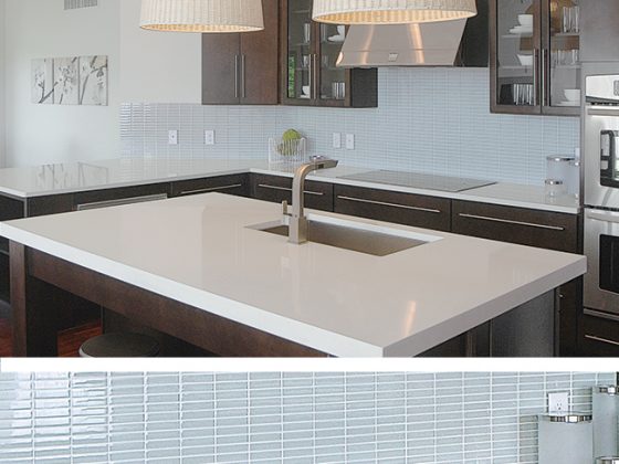 Glass backsplash offers a clean look