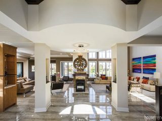Foyer offers a glimpse of two distinct decorating styles