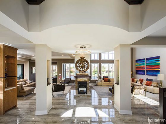 Foyer offers a glimpse of two distinct decorating styles