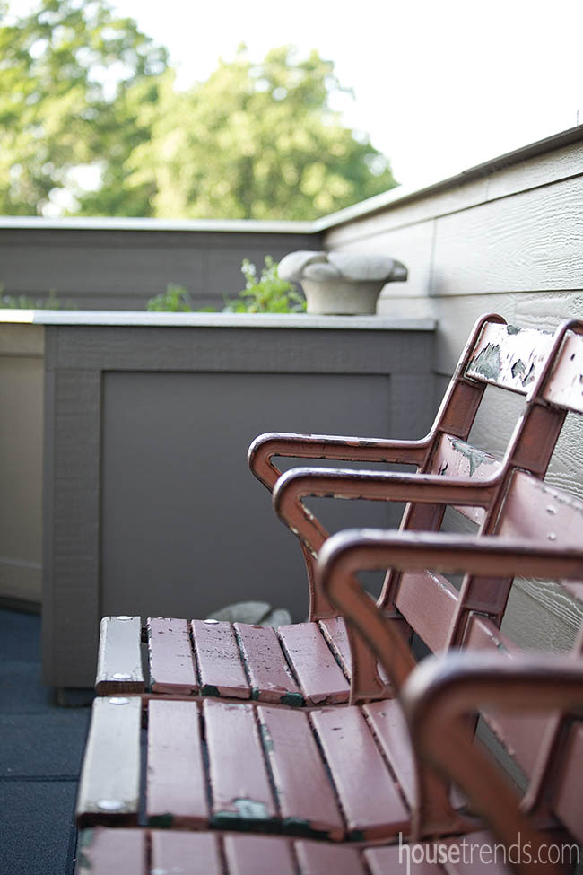 Stadium seats adorn a deck