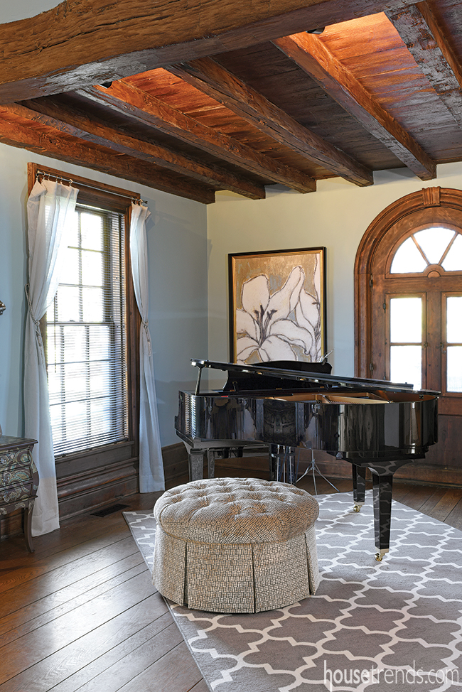 Ceiling beams add texture to a living room
