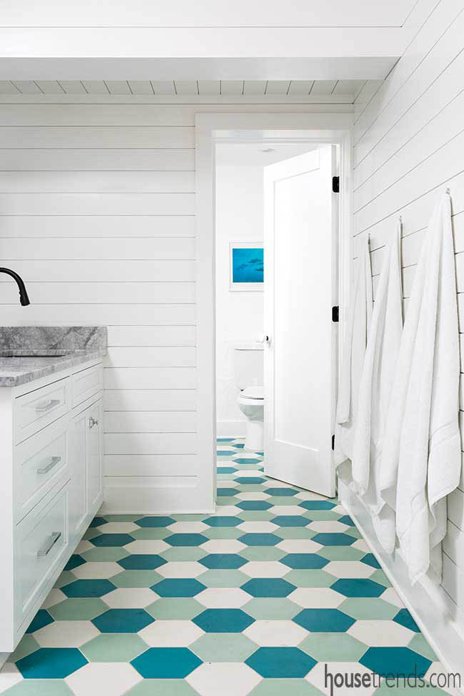 Colorful tile flooring in a pool bath