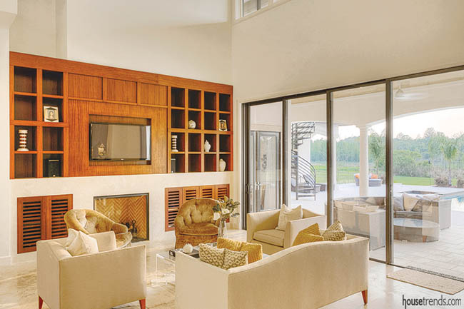 Built-ins offer color contrast in a great room