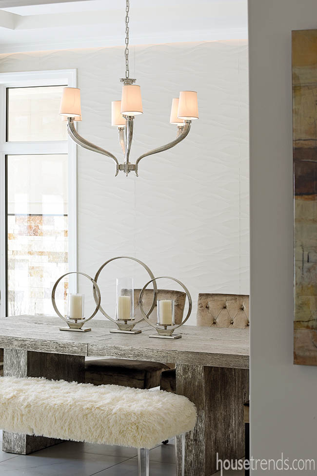 Wall tile adds texture to a formal dining room