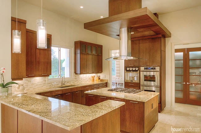 Range hood hovers over a prep island