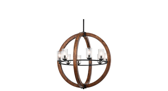 Chandelier brings wood and glass together