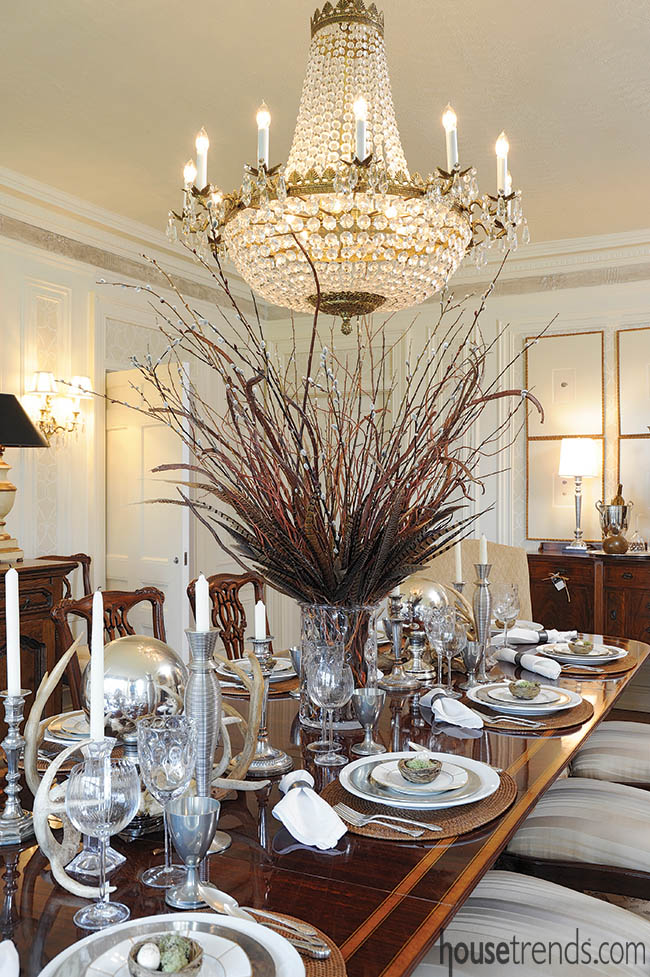 Chandelier shines on a formal dining table