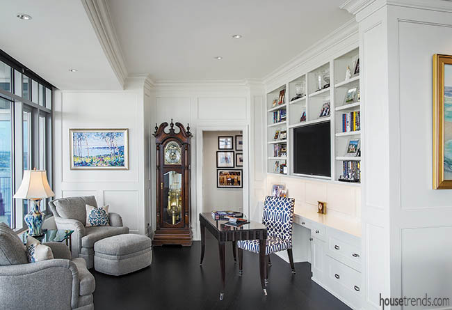 Custom cabinetry defines a feminine home office