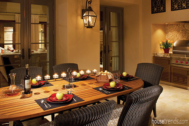Outdoor lighting shines on a patio