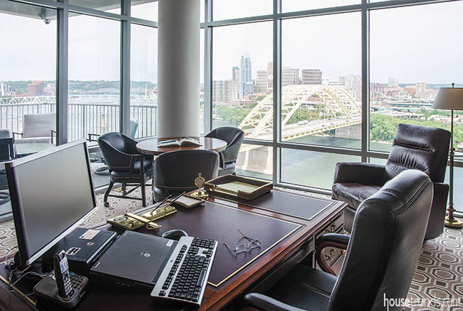 Masculine home office design with a view