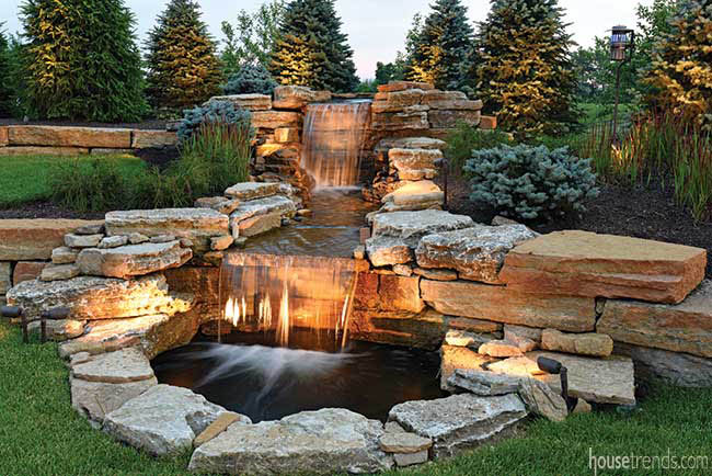 Lighting adds magical touch to a waterfall