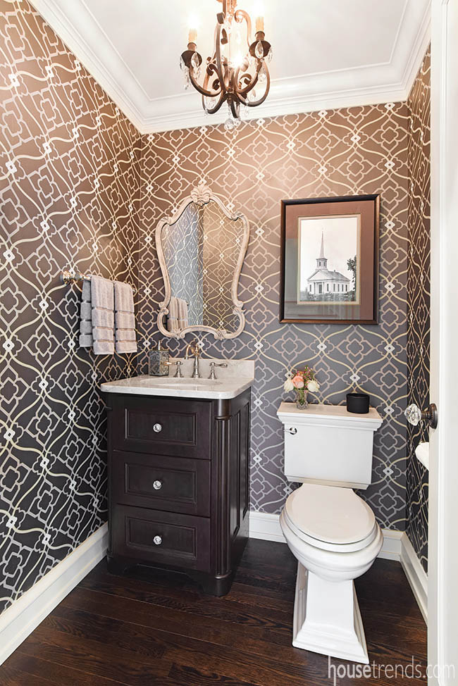Wallpaper adds excitement to a powder room