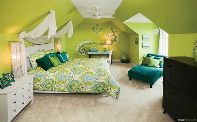 Bedroom design uses almost every shade of green