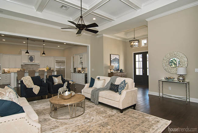 Navy blue accents pop in a neutral design