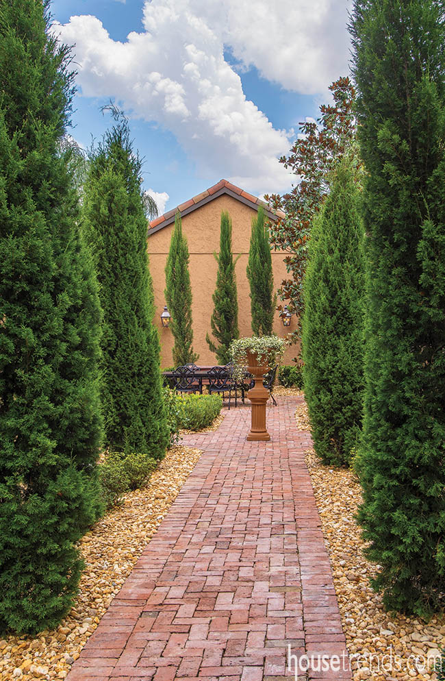 Conifer trees line a brick walkway