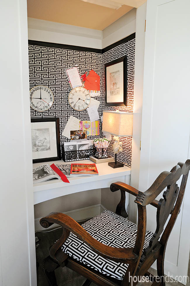 Greek key design dominates an office space