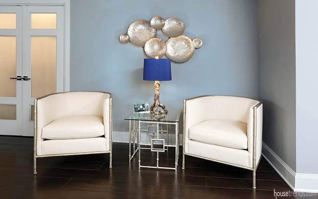 Furniture contrasts sharply with a bright lampshade