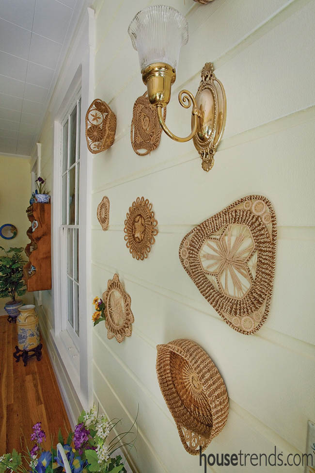 Pine needle baskets double as wall decorations