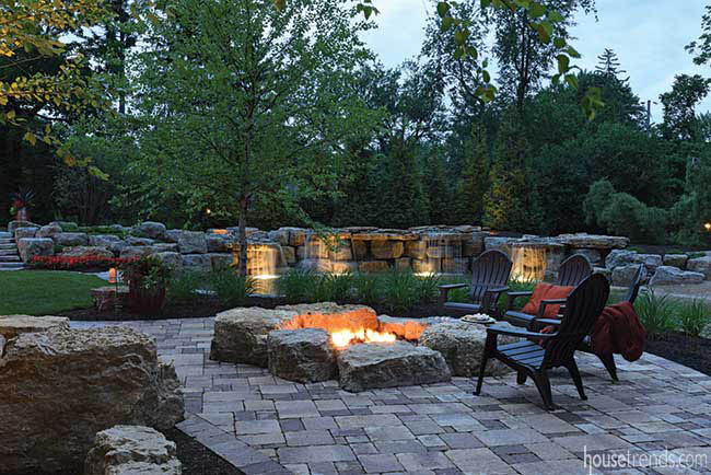 Patio hosts a cozy fire pit