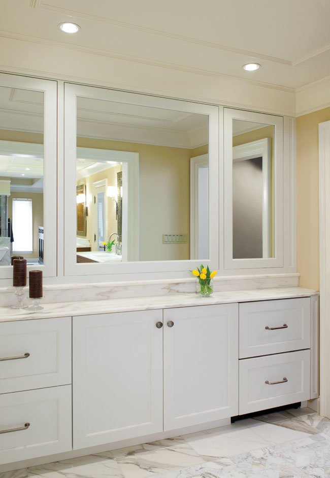 Bathroom mirror cabinets hide coffee bar