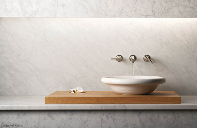Wall-mount faucet leaves a counter clutter free