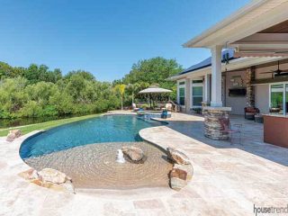 Saltwater pool boasts a beach entry