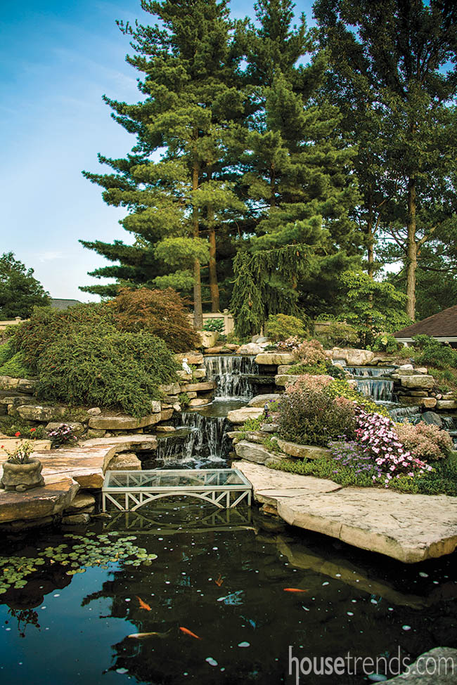 Waterfalls support a charming Koi pond