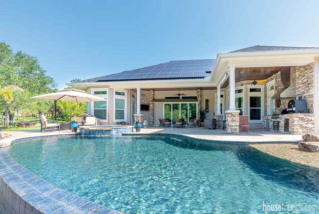 Covered lanai comes with a pool view