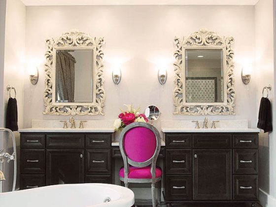 Porcelain tile floor adds visual interest to a master bath