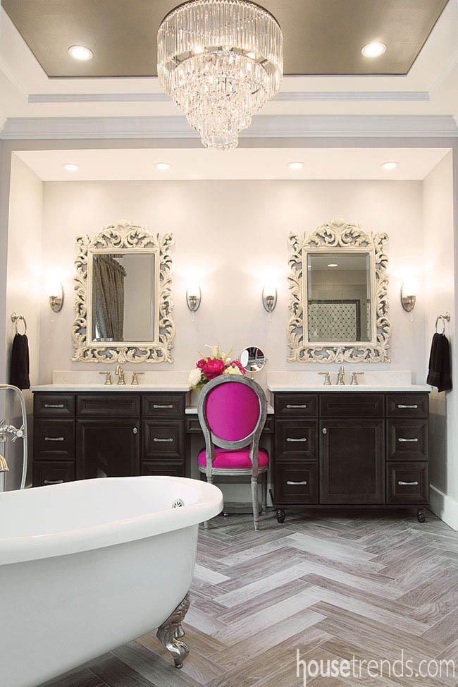 Porcelain tile floor adds visual interest to a master bath
