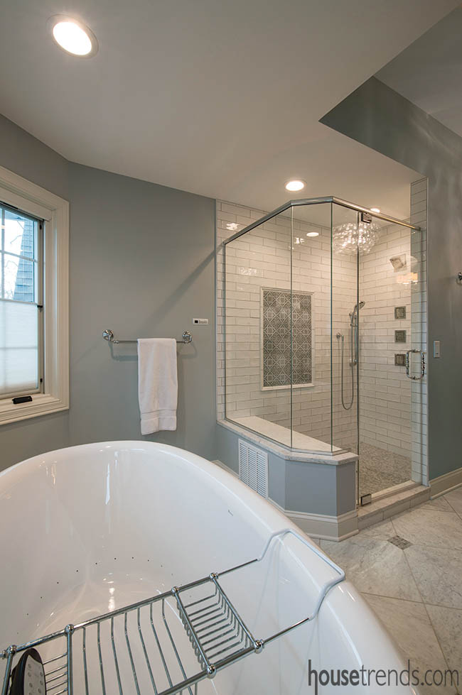 Tile adds a pop of personality to a white shower