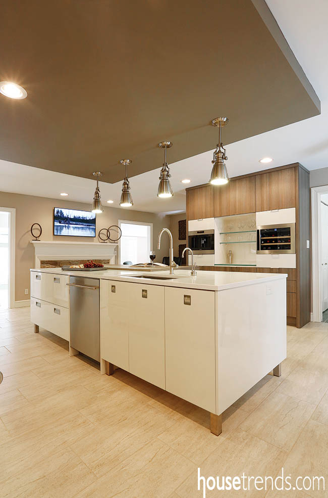 Pendant lights shine on a kitchen's sleek style