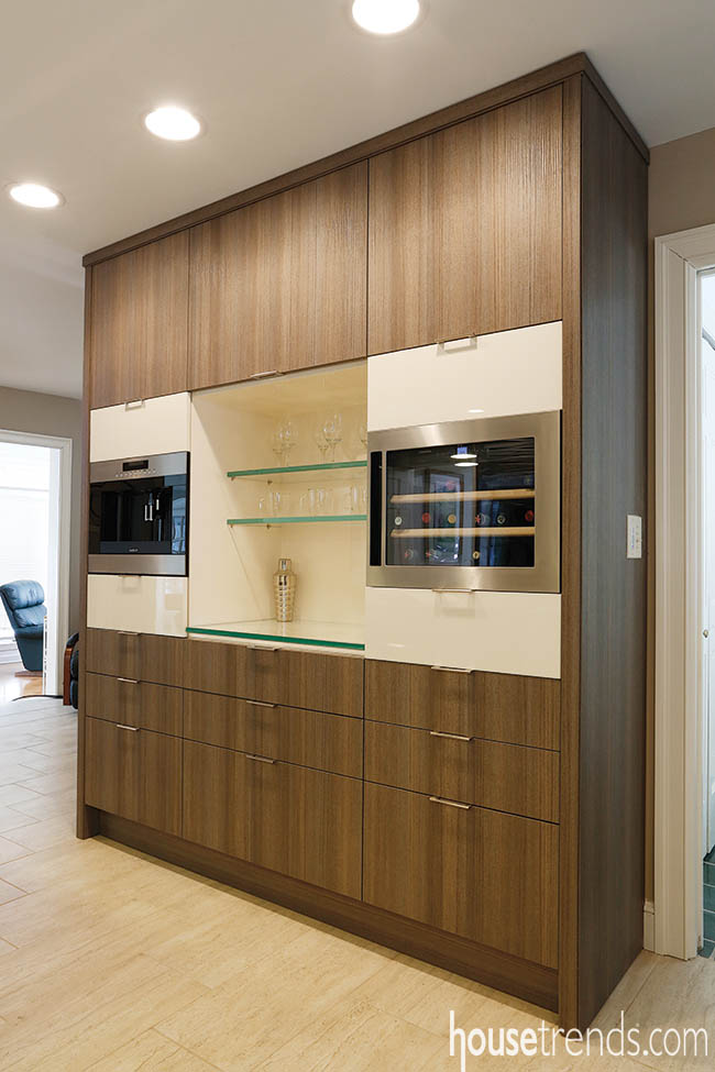 Kitchen cabinetry creates a warm ambiance