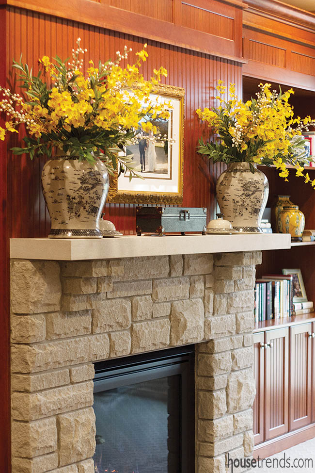 Stone fireplace survives a basement remodel