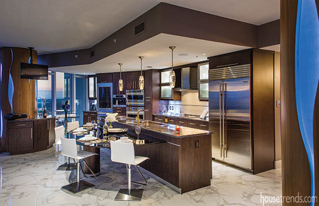 Porcelain tile floors stretch through a condo