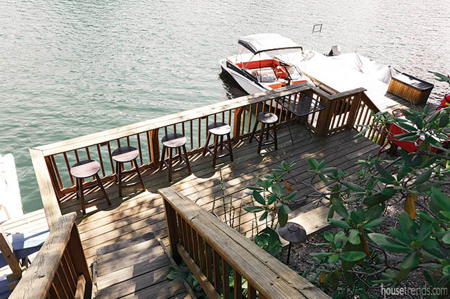 Outdoor stools provide a perch with a water view