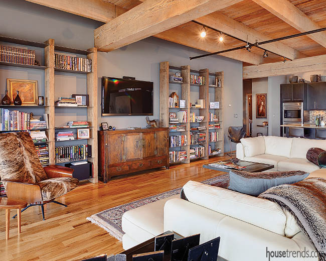 Custom bookshelves crafted from reclaimed wood