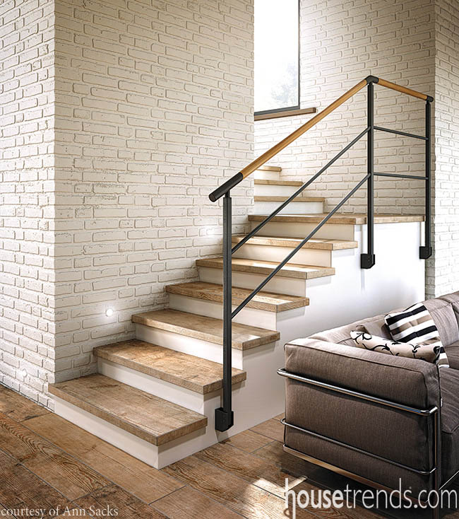 Tile flooring presents a weathered look