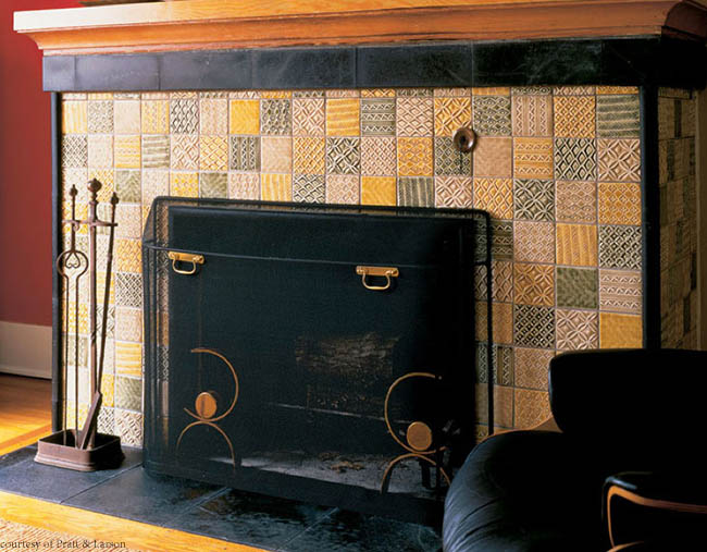 Tile adds texture to a fireplace surround