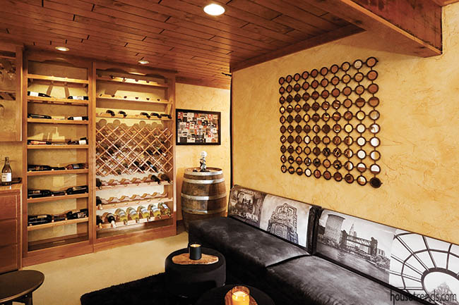 Couches offer extra seating in a wine room