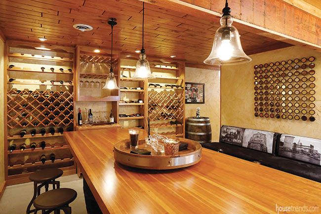Lights spark conversations in a basement bar