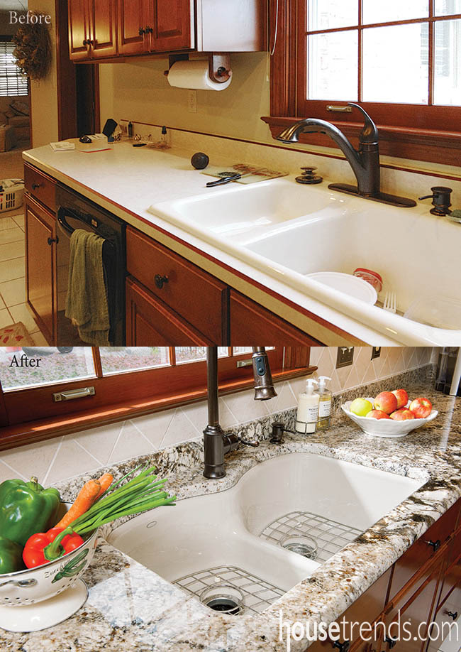 Kitchen sink breaks up a countertop