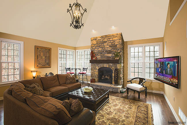 Fireplace plays host to a reclaimed mantle