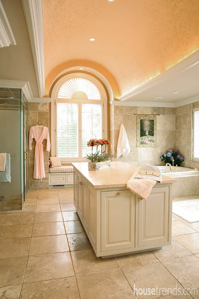 Spacious master bathroom with a calming design