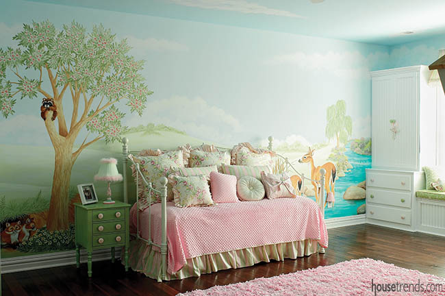 Murals add a tranquil touch to a girl's bedroom