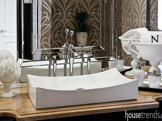 Bathroom mirrors add interest to a powder room
