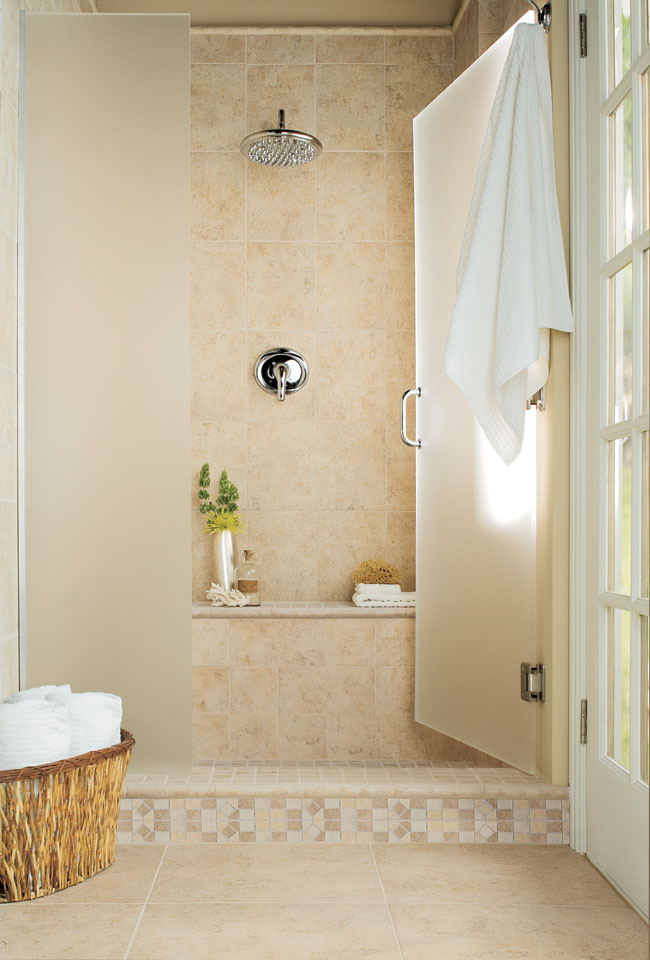 Bathroom floor tiles embrace a clean look with natural colors